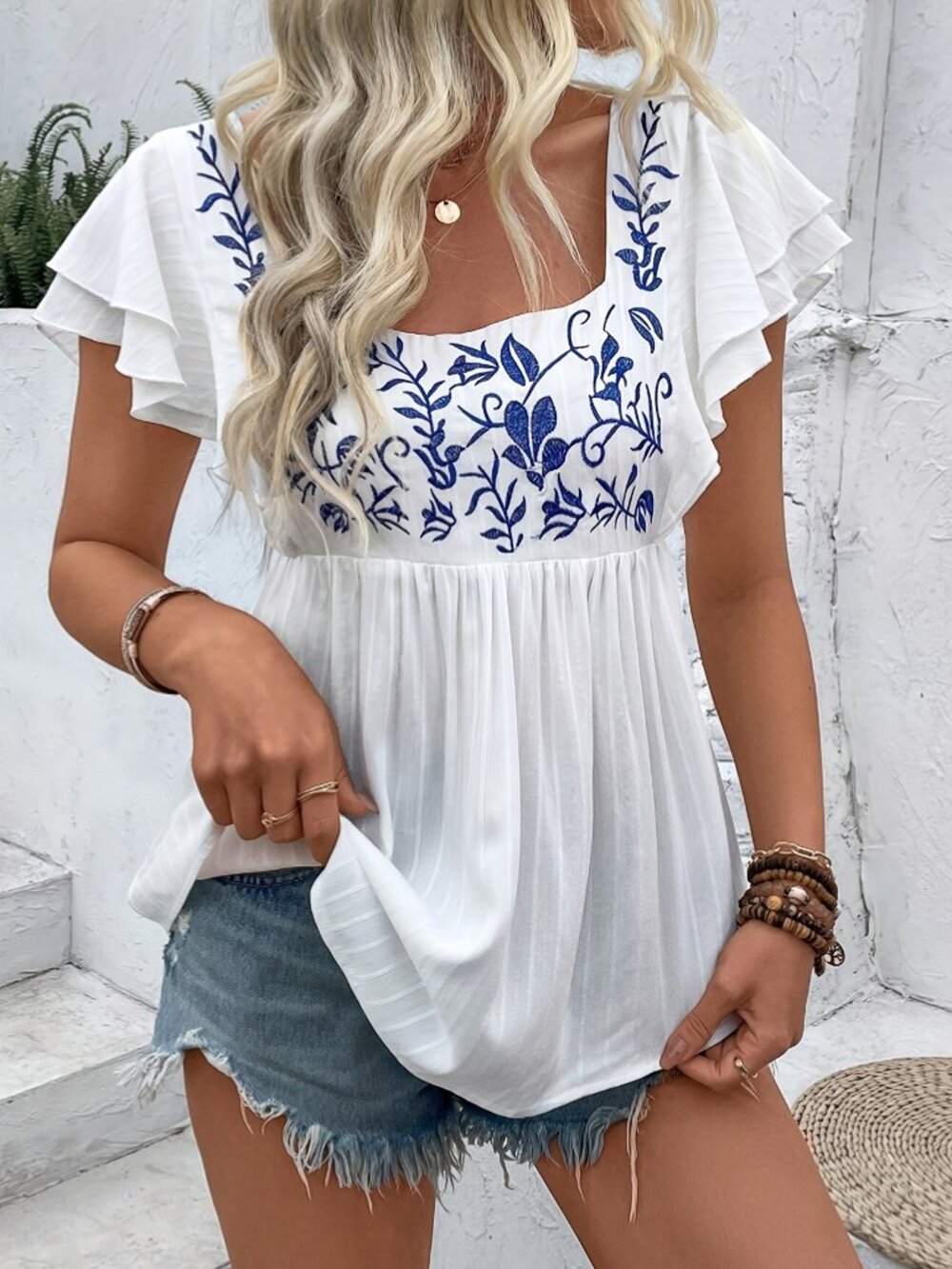 2/$45 NWT Boho Embroidered Square Neck Peplum Top White Blue Flutter Sleeve M